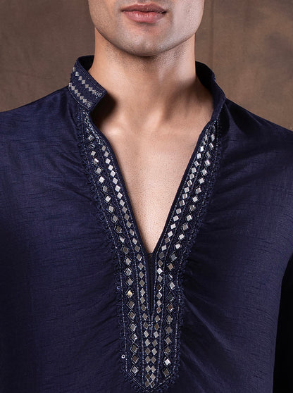 Navy Blue Embroidered  Kurta Pajama | TULA
