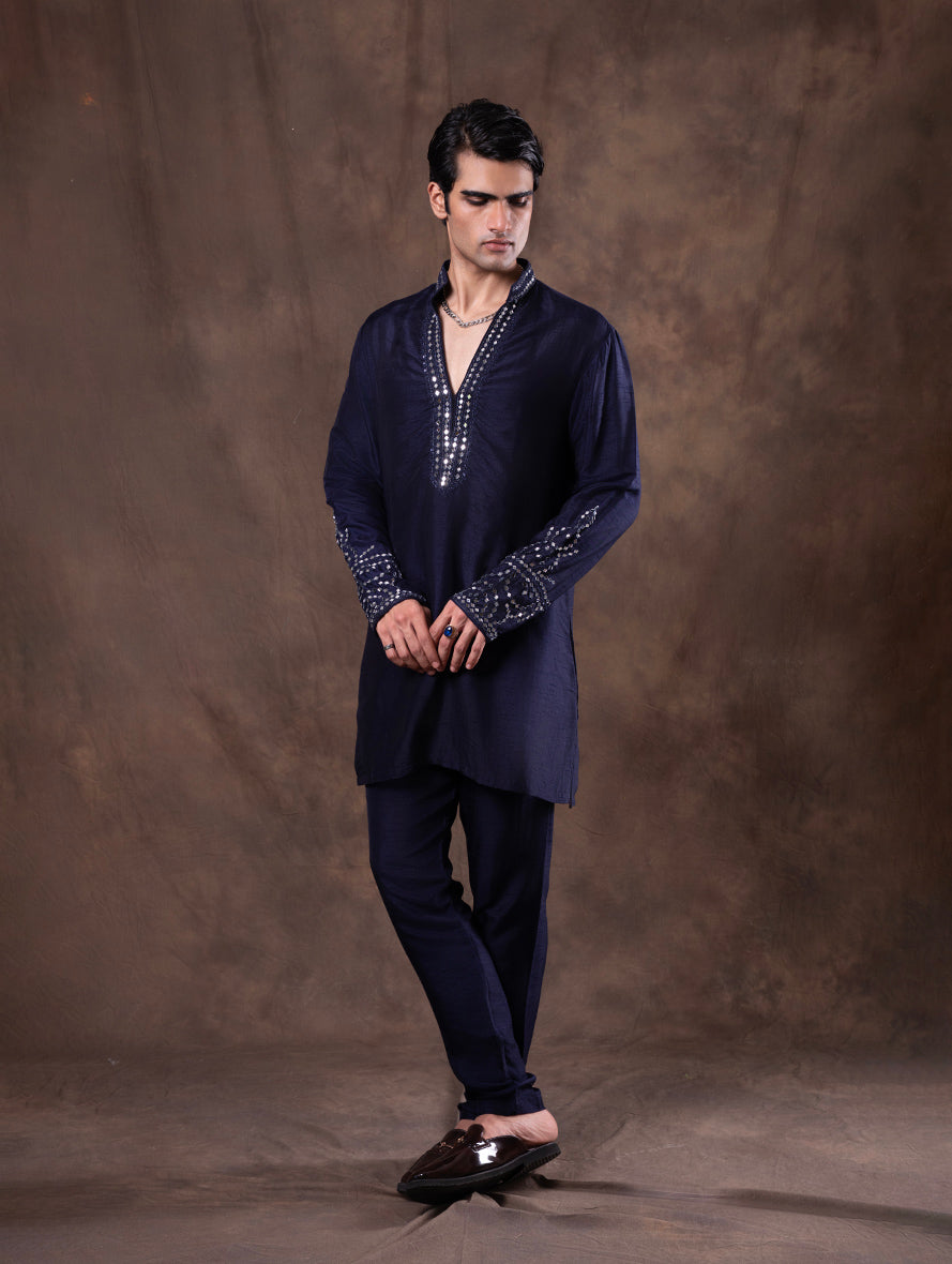 Navy Blue Embroidered  Kurta Pajama | TULA