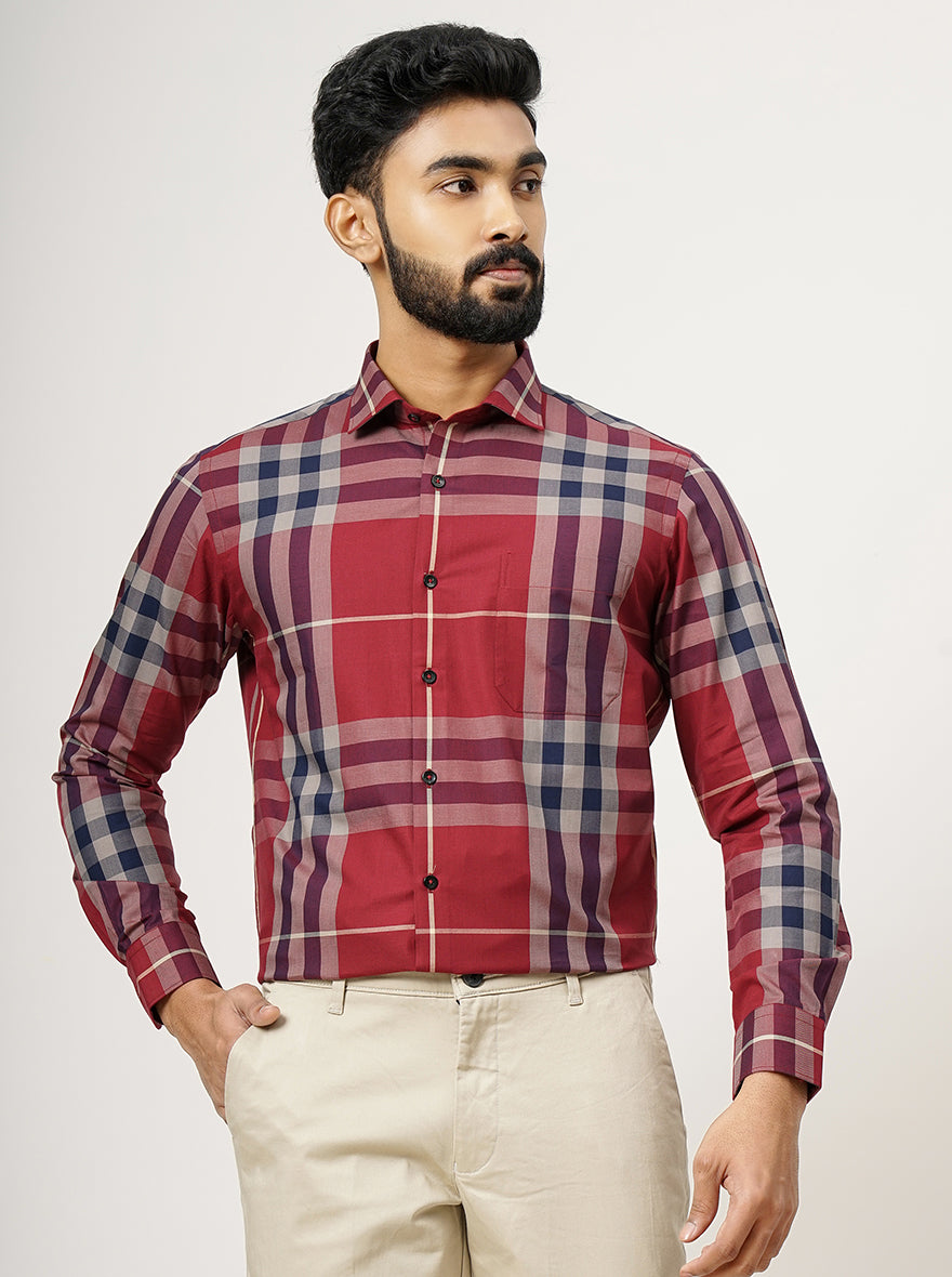 Red Checked Slim Fit Formal Shirt | Metal