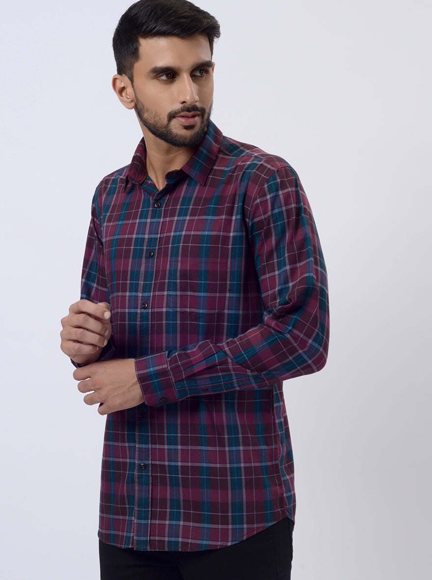 Wine Checked Slim Fit Casual Shirt | JadeBlue