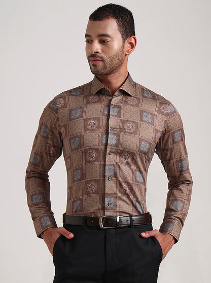 Brown Printed Slim Fit Party Wear Shirt | Wyre