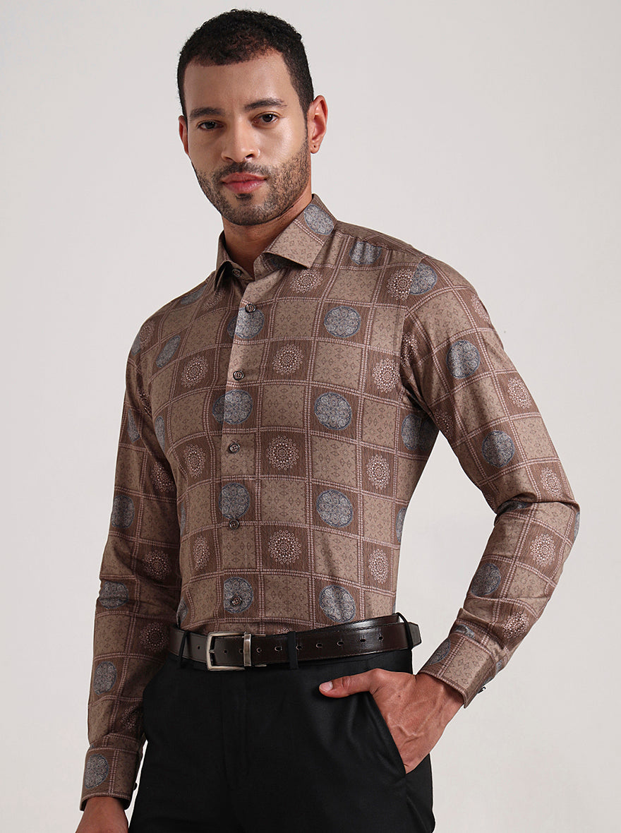 Brown Printed Slim Fit Party Wear Shirt | Wyre
