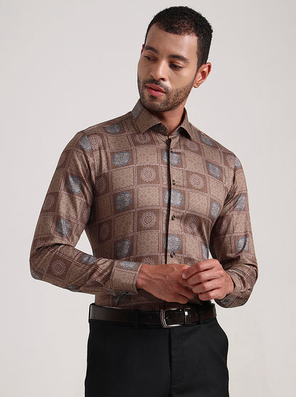 Brown Printed Slim Fit Party Wear Shirt | Wyre