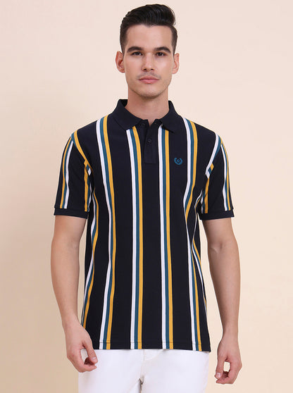 Navy Blue & Yellow Striped Slim Fit Polo T-Shirt | Greenfibre