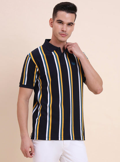 Navy Blue & Yellow Striped Slim Fit Polo T-Shirt | Greenfibre