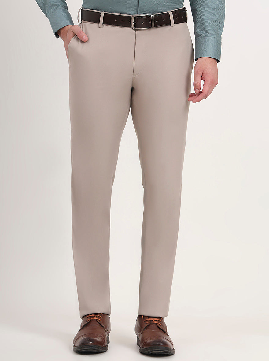 Beige Solid Slim Fit Formal Trouser | Metal