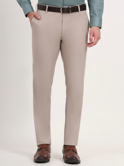 Beige Solid Slim Fit Formal Trouser | Metal
