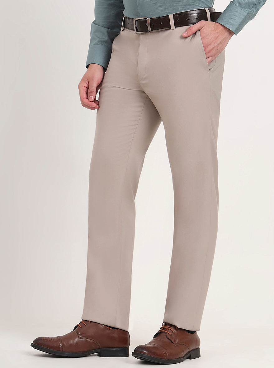 Beige Solid Slim Fit Formal Trouser | Metal