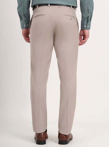 Beige Solid Slim Fit Formal Trouser | Metal