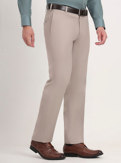 Beige Solid Slim Fit Formal Trouser | Metal