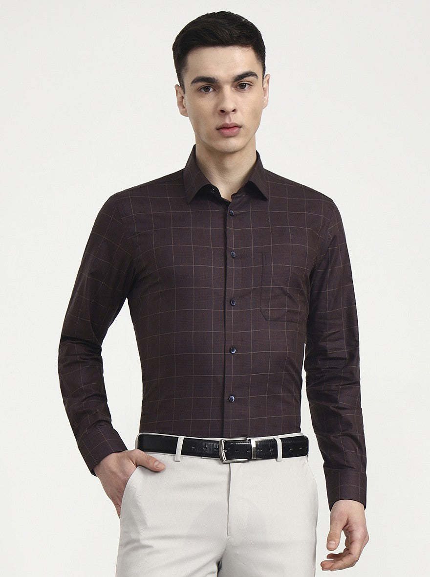 Dark Maroon Checked Slim Fit Formal Shirt | Metal