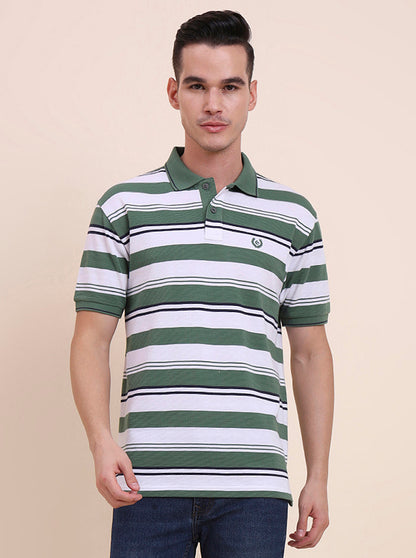Green & White Striped Slim Fit Polo T-Shirt | Greenfibre