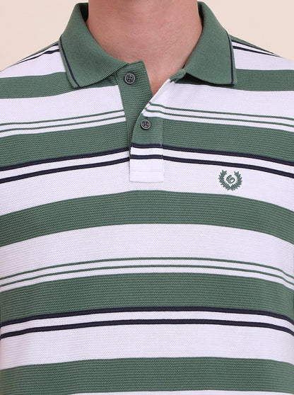 Green & White Striped Slim Fit Polo T-Shirt | Greenfibre