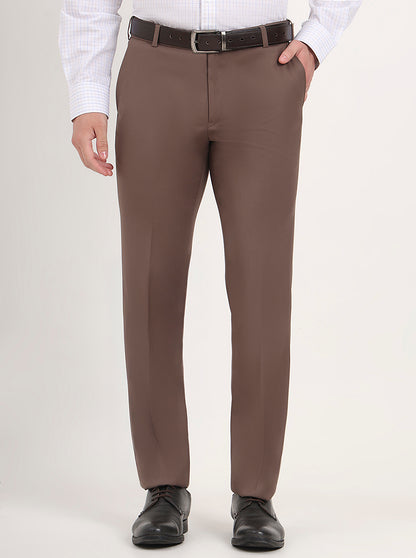 Brown Solid Slim Fit Formal Trouser | Metal