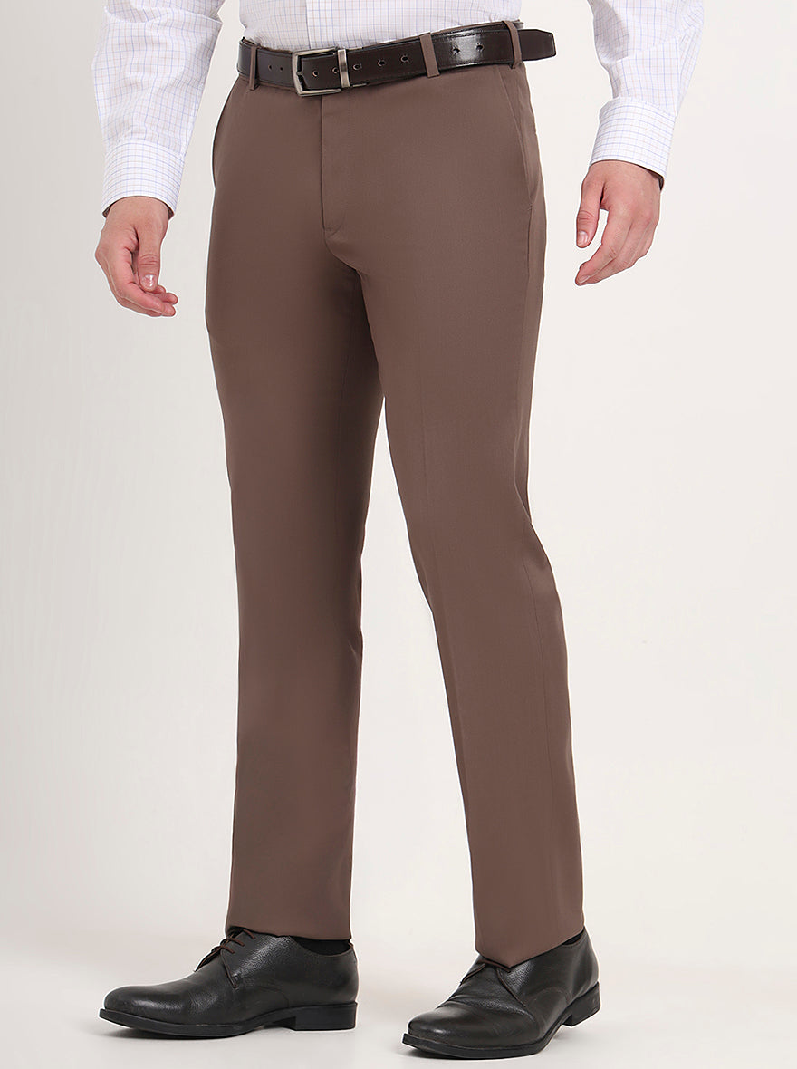 Brown Solid Slim Fit Formal Trouser | Metal