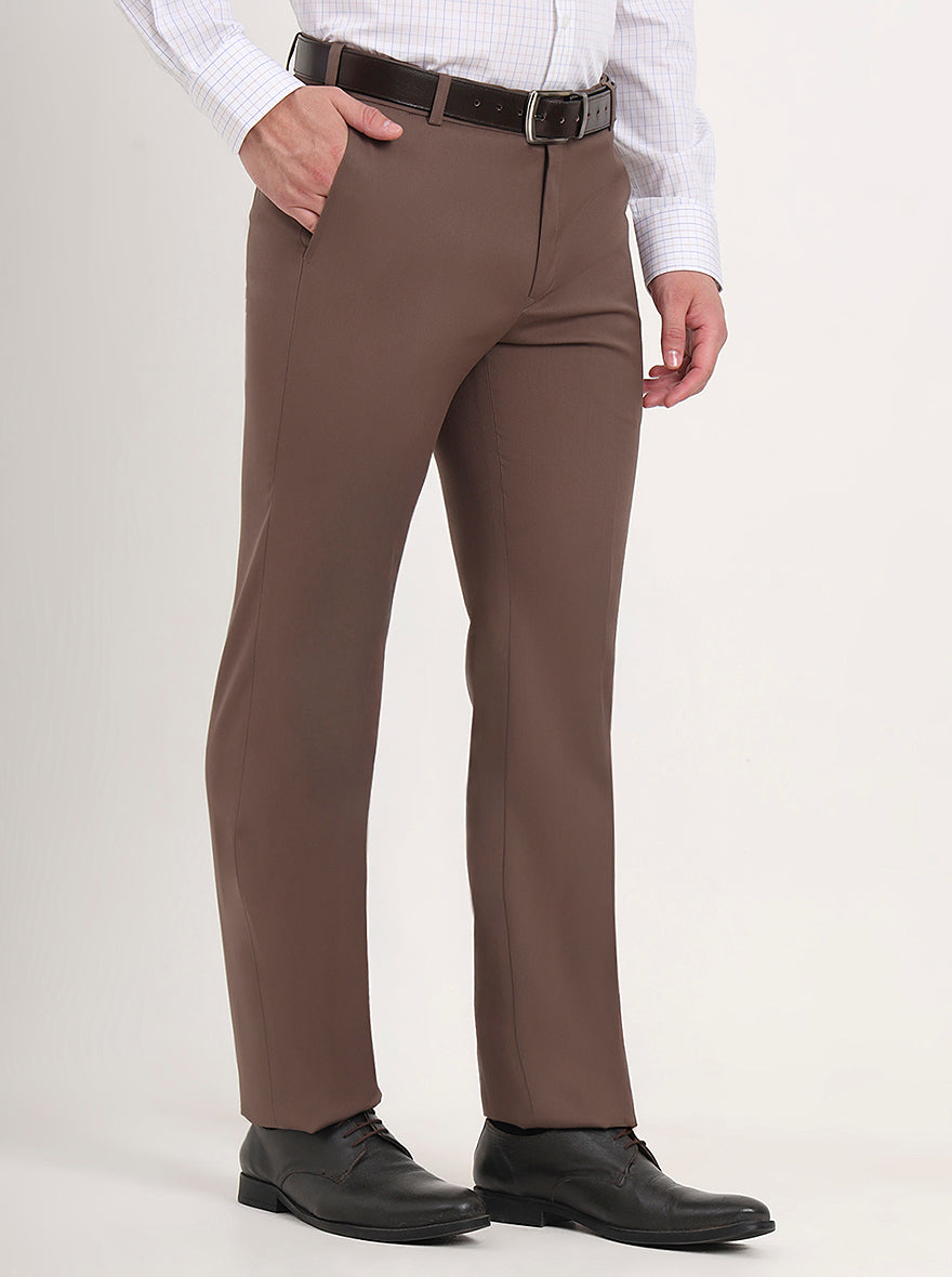 Brown Solid Slim Fit Formal Trouser | Metal