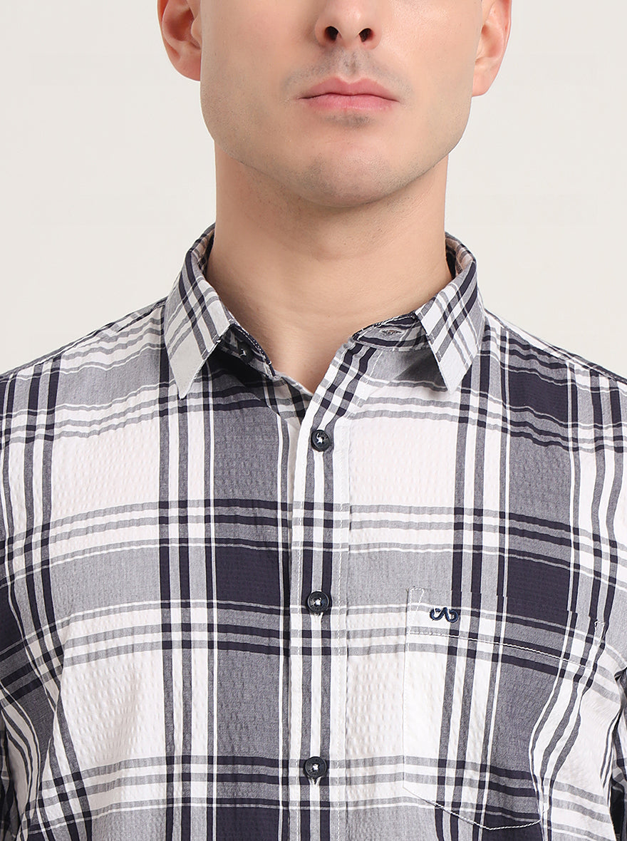 Navy Blue Checked Slim Fit Casual Shirt | JadeBlue