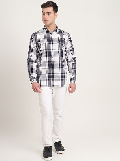 Navy Blue Checked Slim Fit Casual Shirt | JadeBlue