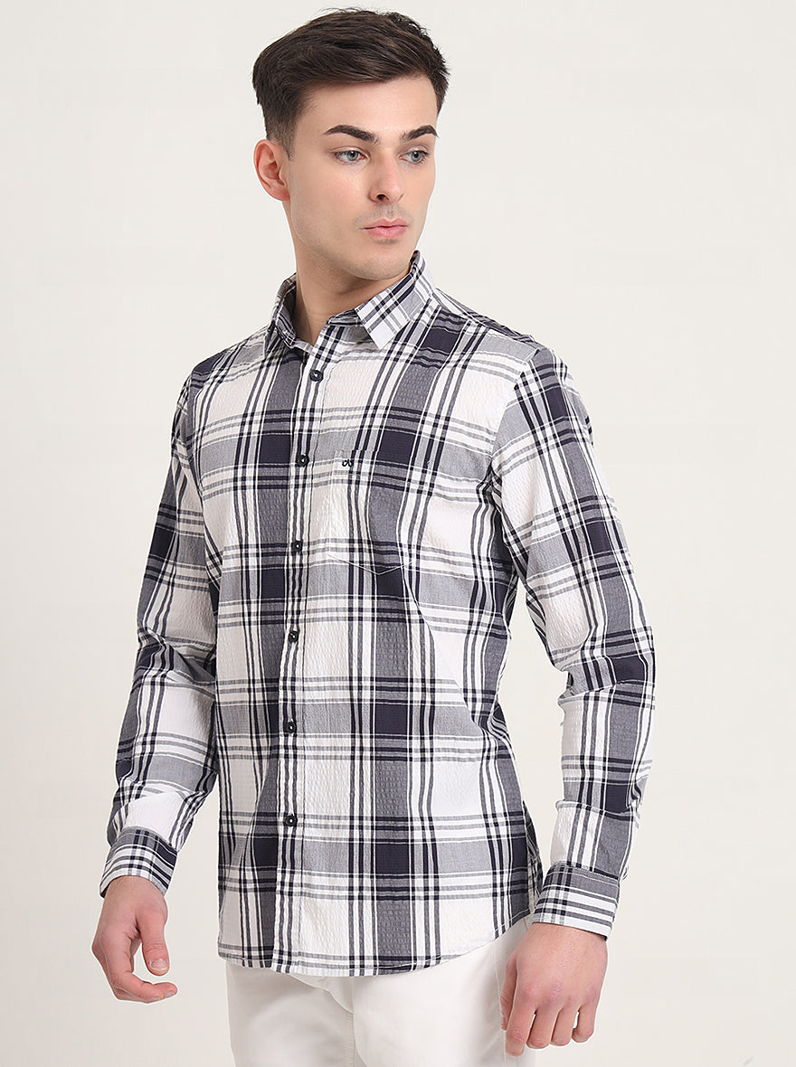 Navy Blue Checked Slim Fit Casual Shirt | JadeBlue