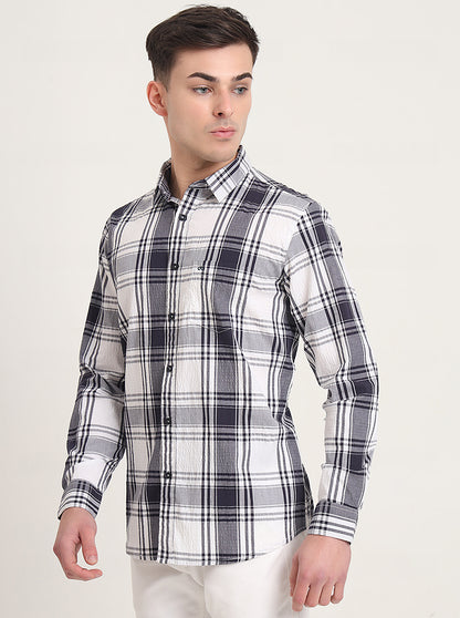 Navy Blue Checked Slim Fit Casual Shirt | JadeBlue