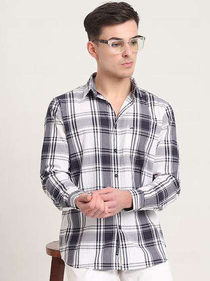 Navy Blue Checked Slim Fit Casual Shirt | JadeBlue