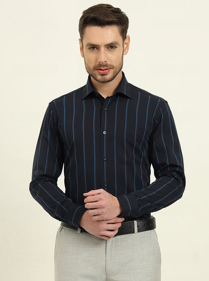 Navy Blue Striped Slim Fit Formal Shirt | Metal