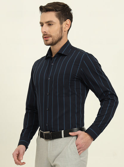 Navy Blue Striped Slim Fit Formal Shirt | Metal