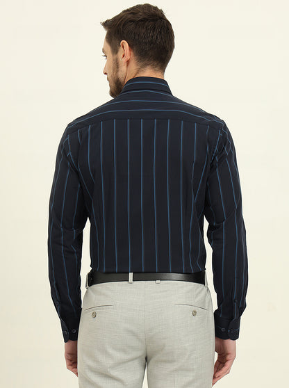 Navy Blue Striped Slim Fit Formal Shirt | Metal