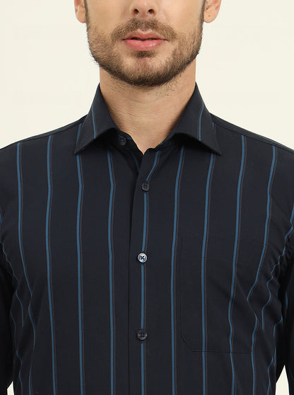 Navy Blue Striped Slim Fit Formal Shirt | Metal