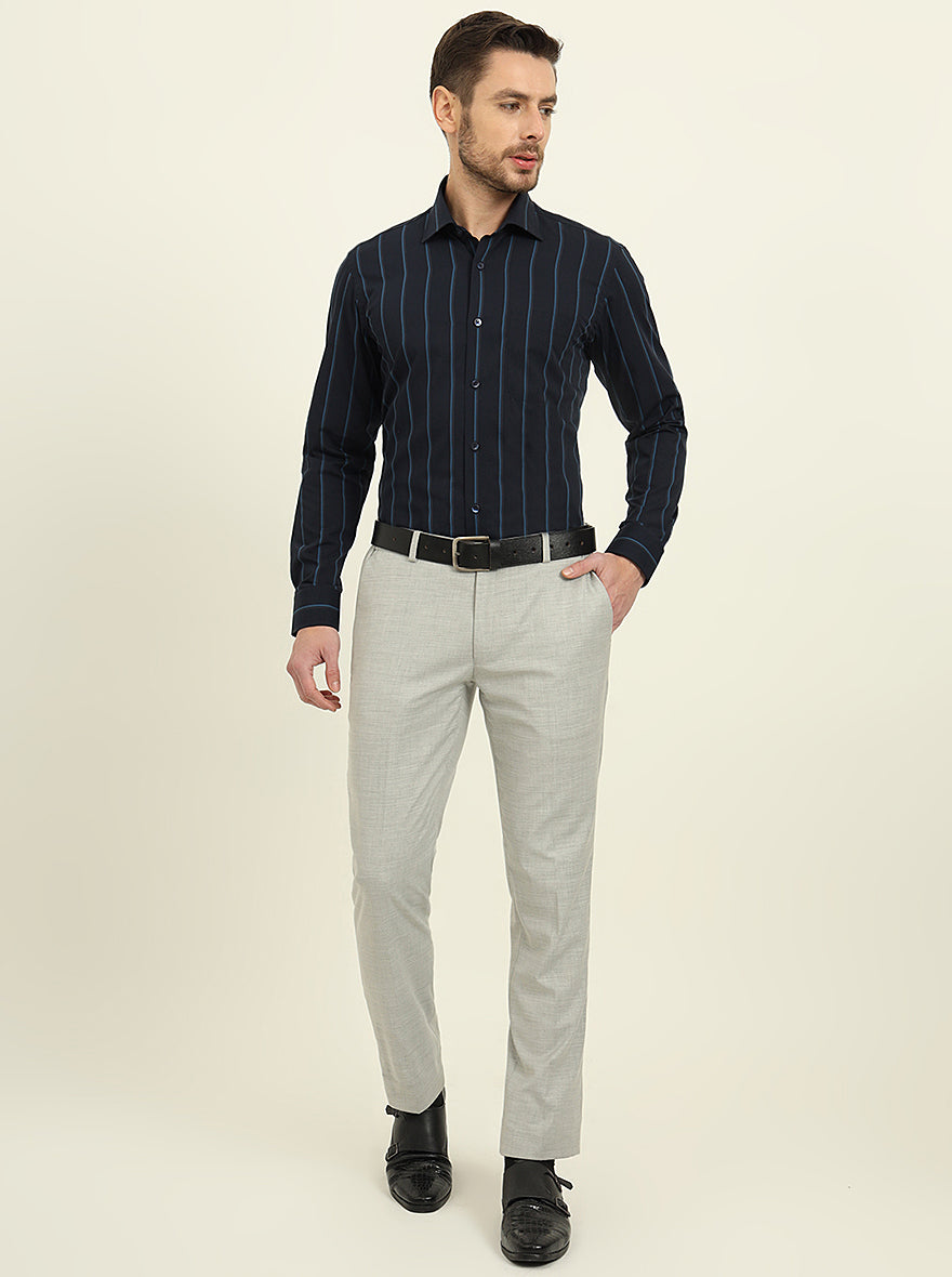 Navy Blue Striped Slim Fit Formal Shirt | Metal