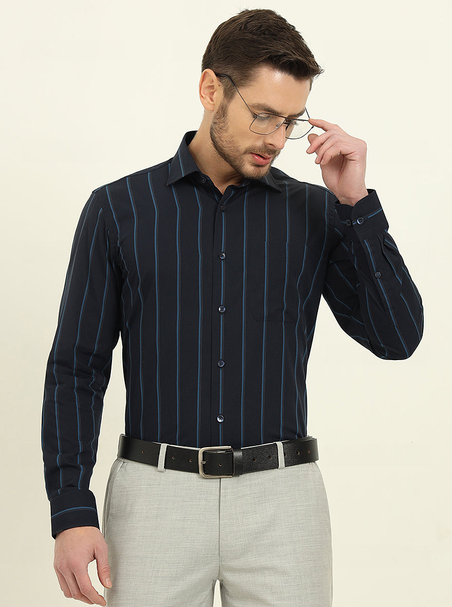 Navy Blue Striped Slim Fit Formal Shirt | Metal