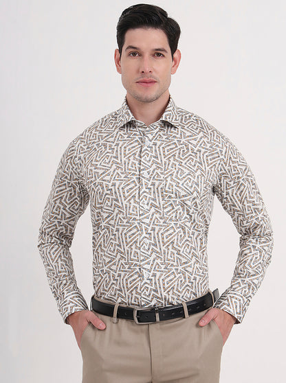 White & Fawn Printed Slim Fit Formal Shirt | Metal