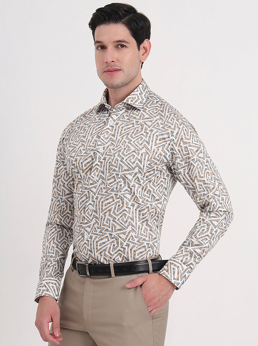 White & Fawn Printed Slim Fit Formal Shirt | Metal