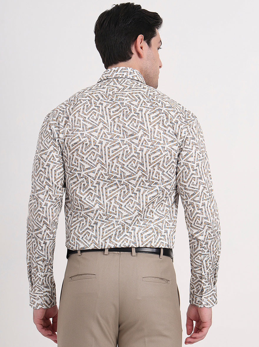 White & Fawn Printed Slim Fit Formal Shirt | Metal