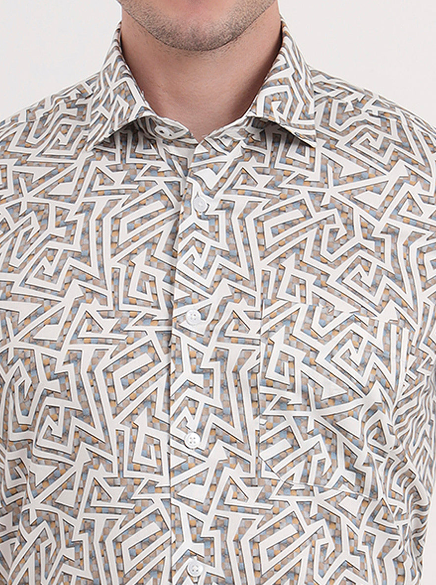 White & Fawn Printed Slim Fit Formal Shirt | Metal