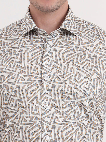 White & Fawn Printed Slim Fit Formal Shirt | Metal