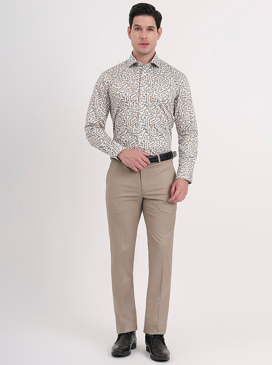 White & Fawn Printed Slim Fit Formal Shirt | Metal