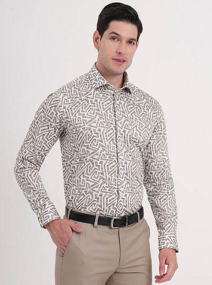 White & Fawn Printed Slim Fit Formal Shirt | Metal
