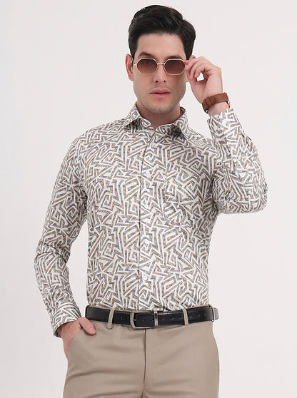 White & Fawn Printed Slim Fit Formal Shirt | Metal