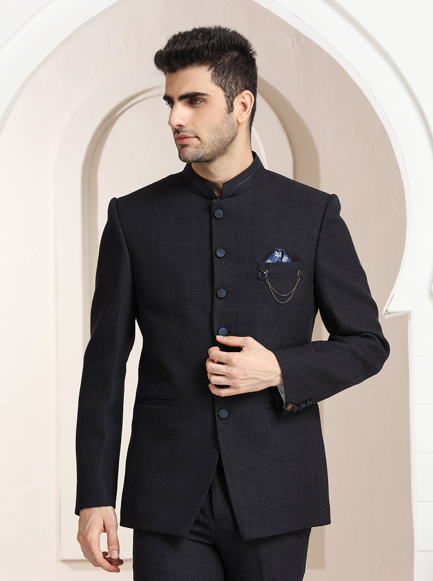 Blue Self Textured Jodhpuri Suit | JadeBlue