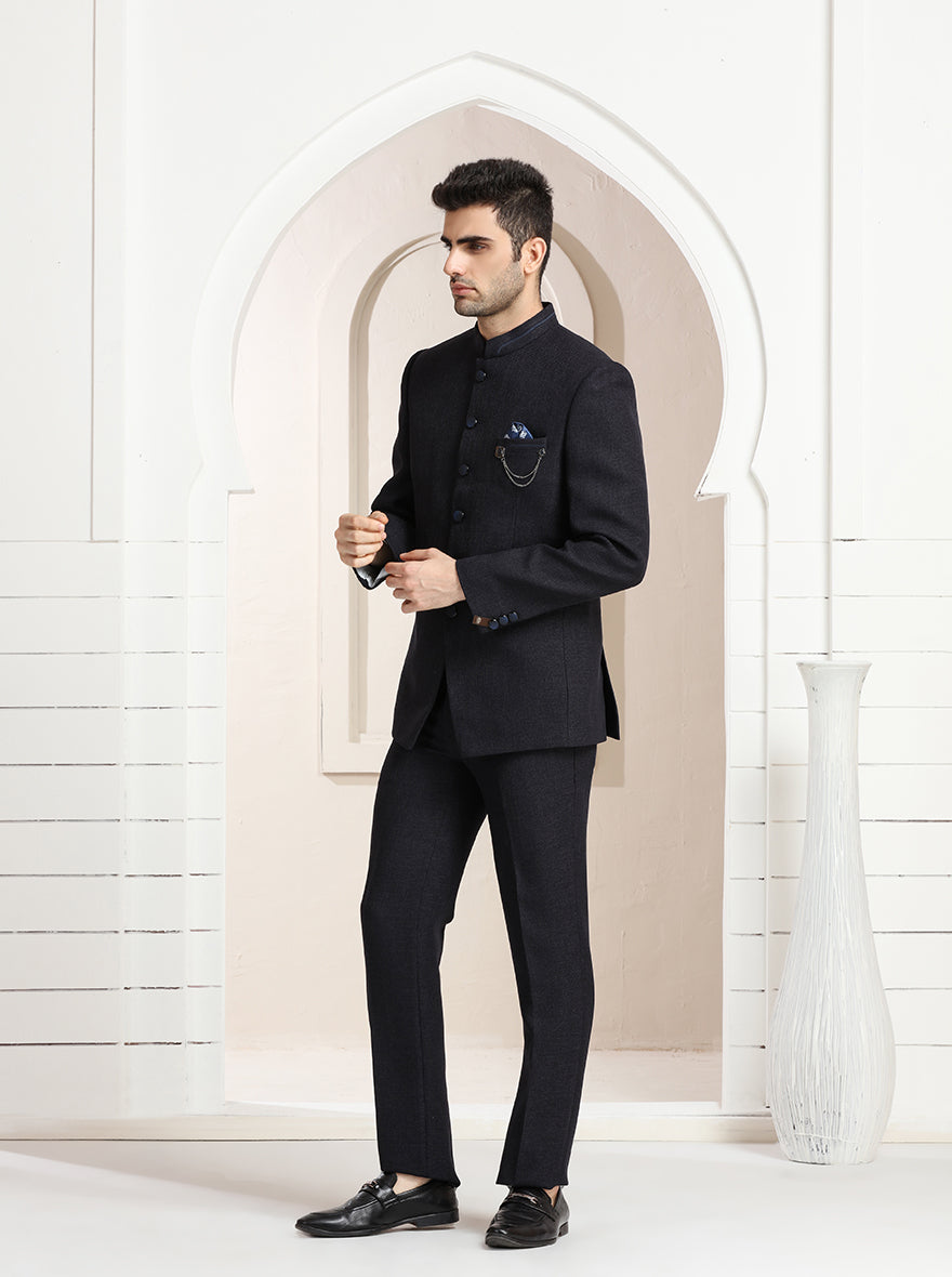 Blue Self Textured Jodhpuri Suit | JadeBlue