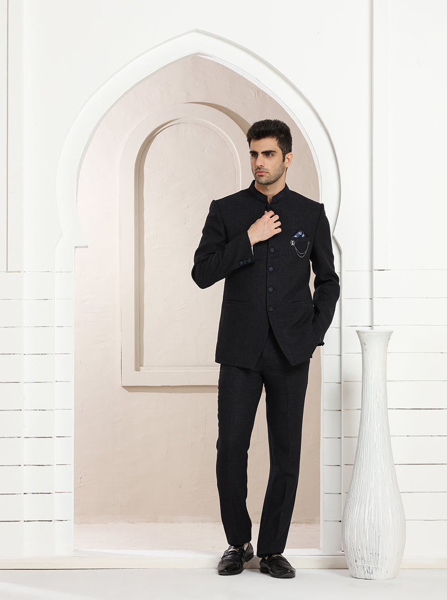 Blue Self Textured Jodhpuri Suit | JadeBlue