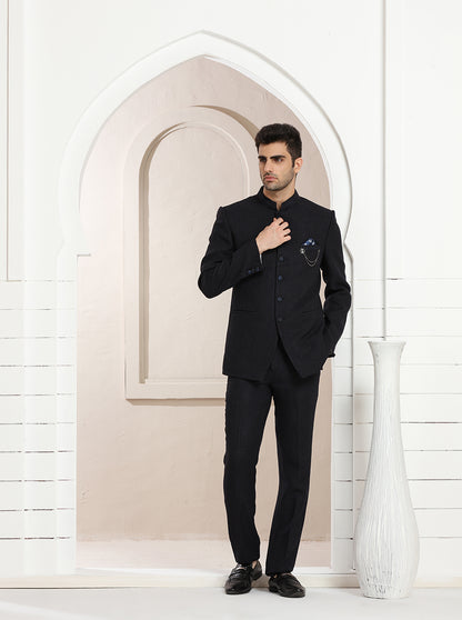 Blue Self Textured Jodhpuri Suit | JadeBlue
