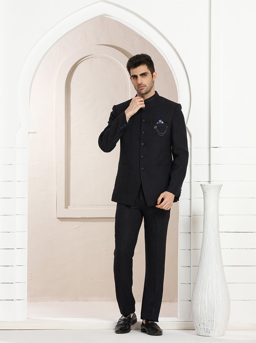 Blue Self Textured Jodhpuri Suit | JadeBlue