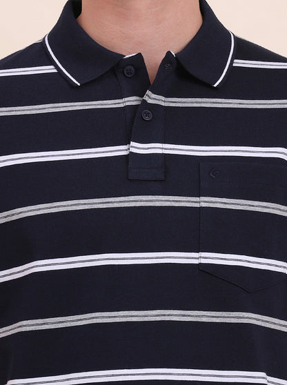 Navy Blue & White Striped Regular Fit Polo T-Shirt | Greenfibre