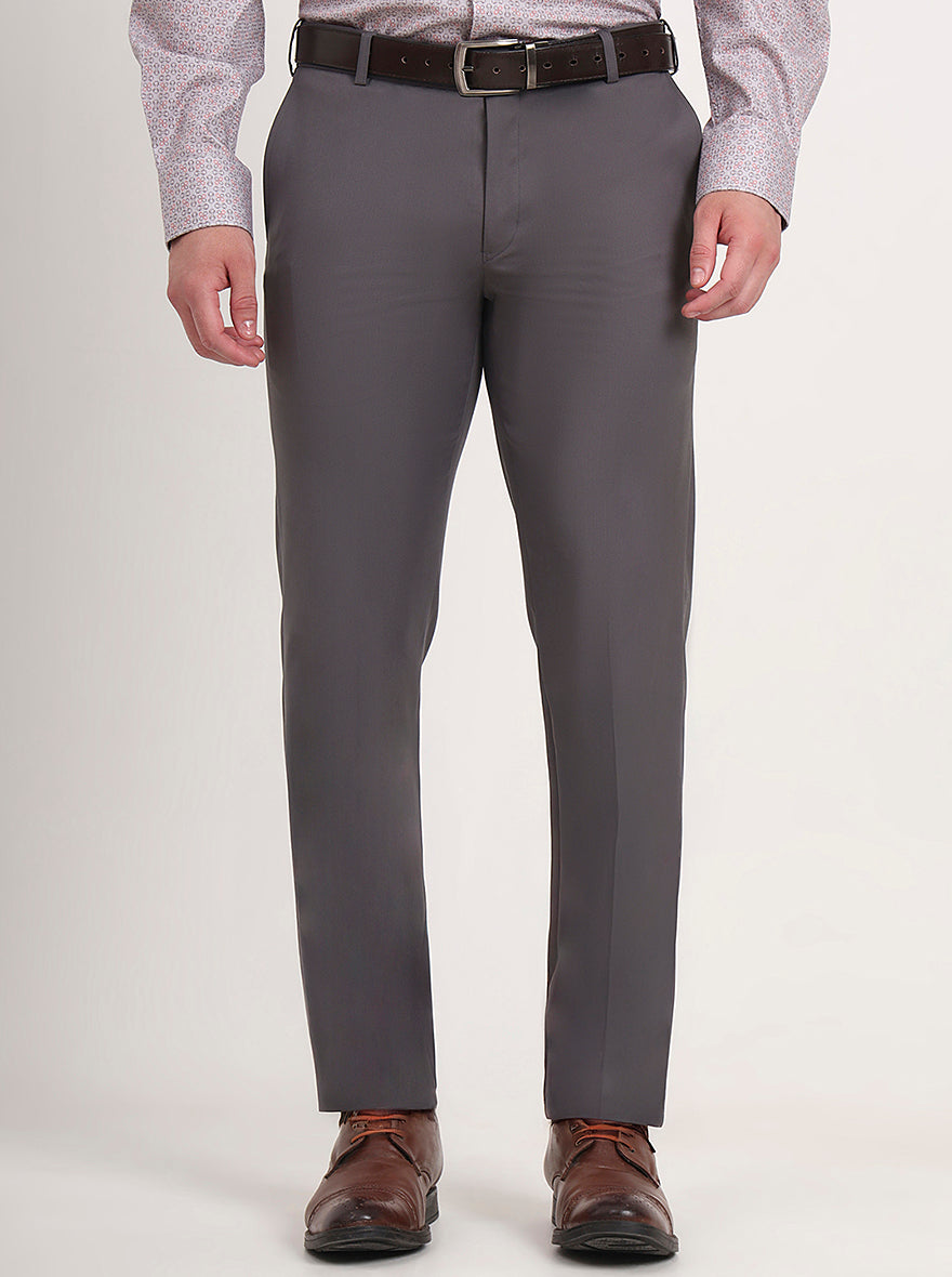 Dark Grey Solid Slim Fit Formal Trouser | Metal