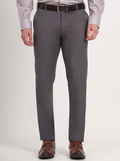 Dark Grey Solid Slim Fit Formal Trouser | Metal
