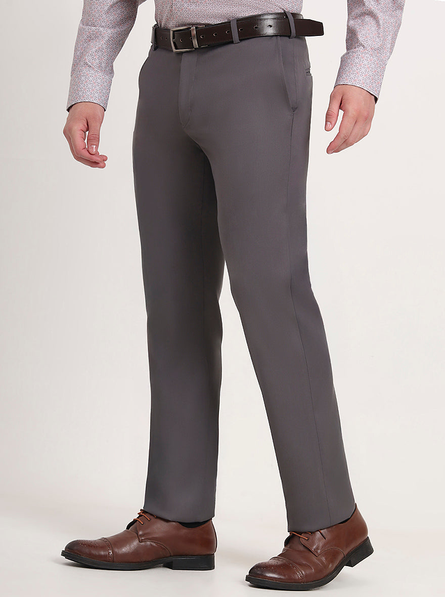 Dark Grey Solid Slim Fit Formal Trouser | Metal