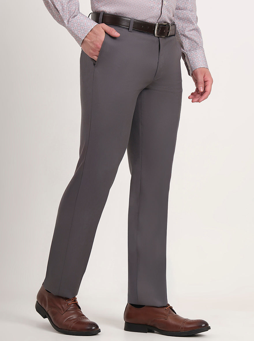 Dark Grey Solid Slim Fit Formal Trouser | Metal