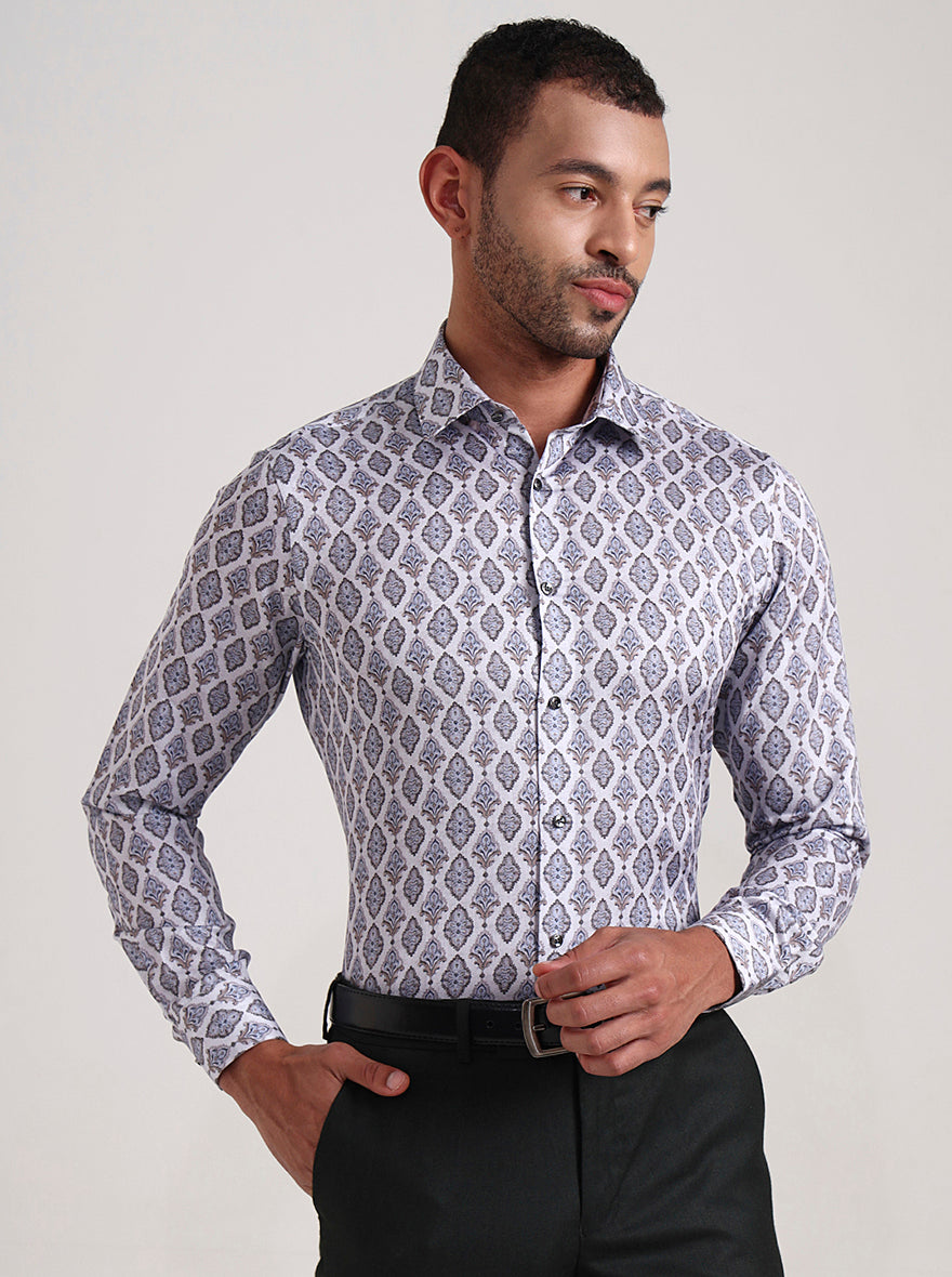 Grey Printed Slim Fit Party Wear Shirt | Wyre